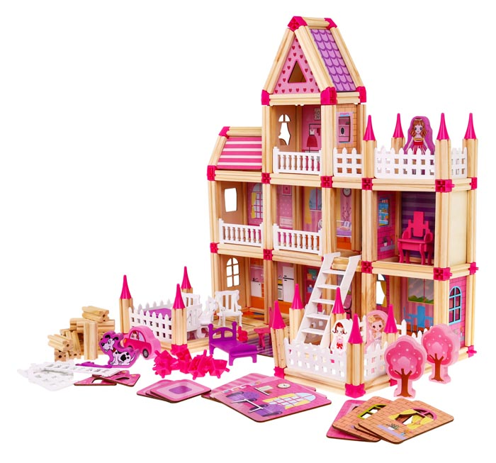 BLLN-3775 drewniane klocki domek różowy 268 zestaw